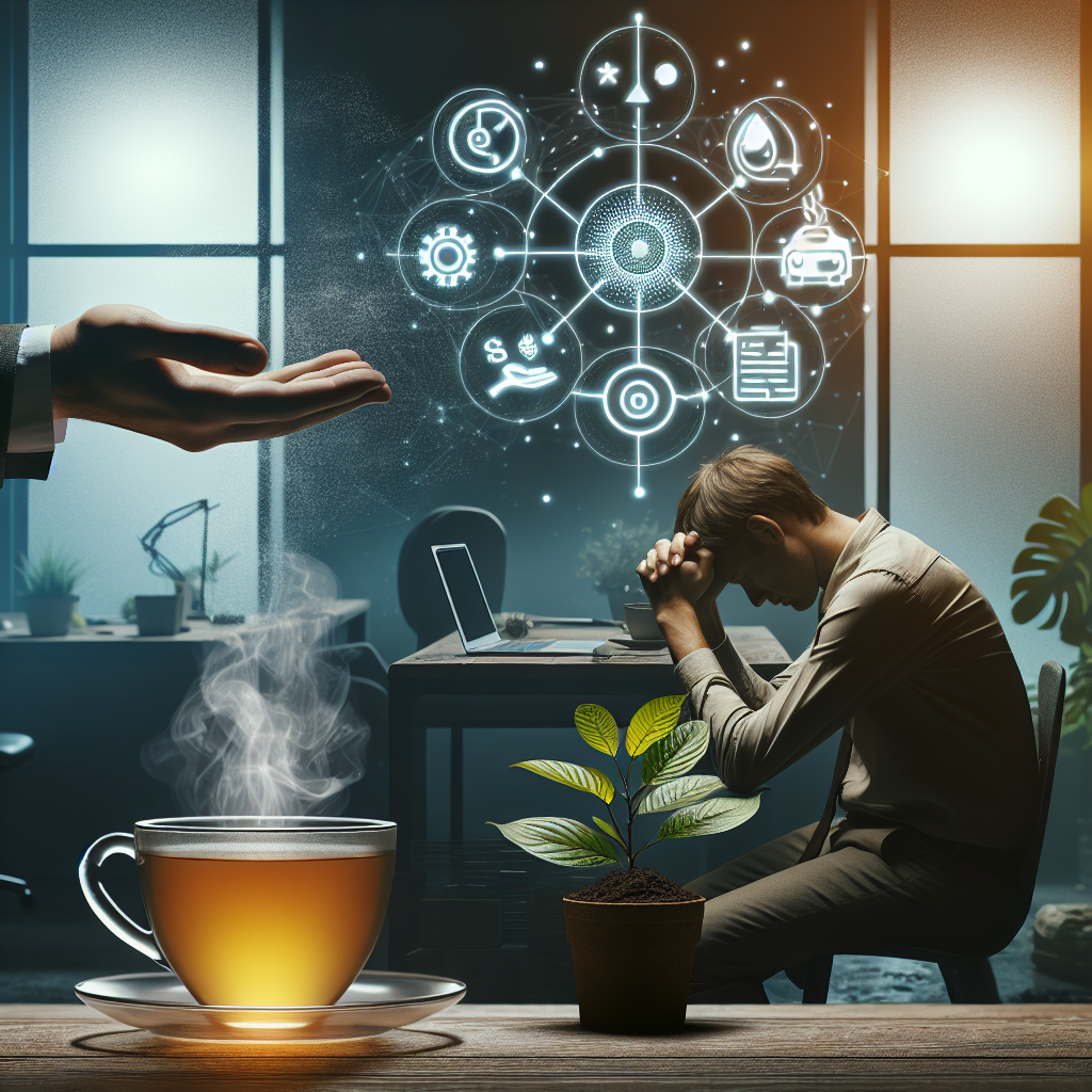An image showcasing the concept of stress relief and the benefits of Kratom. The image includes a stressed person, identifiable by their body language, sitting in a dimly lit, cluttered office. Next to them, a hand is offering a cup of Kratom tea. The second part of the image shows the same person, now in a calm and relaxed posture, in a tidy, tranquil outdoor setting, drinking the tea. Floating above the tea cup are graphical symbols hinting at the benefits of Kratom such as a peaceful mind symbol, energy symbol, and a well-being symbol.