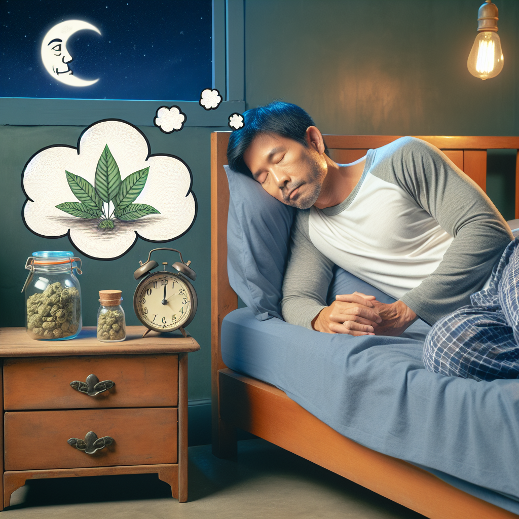 Depict a serene nighttime scene in a comfortable and inviting bedroom. Within, include a healthy-looking middle-aged Asian man wearing comfy pajamas peacefully sleeping. An old-style wooden bedside table is next to the bed, upon which sits a vintage alarm clock displaying around 3 AM, a small lamp giving off a soothing warm light, and a jar of Kratom leaves with a clear label reading 'Kratom'. A thought bubble above the man's head shows an image of a fluffy cloud indicating deep sleep. Please subtly incorporate the serene mood of the setting, emphasizing the tranquility induced by Kratom.
