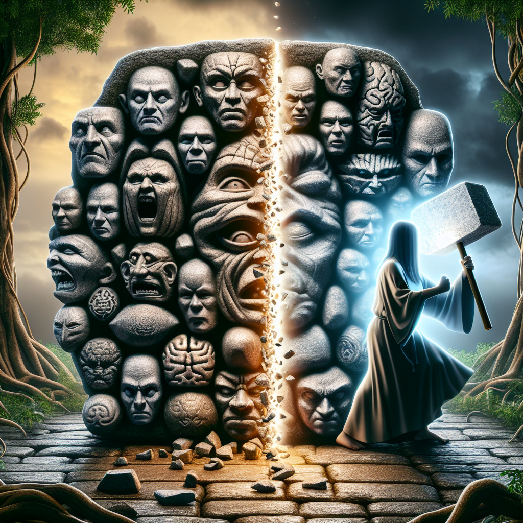 An image conceptually symbolizing the debunking of myths around Kratom. On the left, a solid stone base of misinformation, riddled with carved, monstrous faces to depict various myths, such as 'kratom is overly addictive,' 'kratom has no medical benefits,' or 'kratom is a synthetic drug.' Each face is dimly illuminated with an eerie light. On the right, a luminous figure, personifying Truth, holding a large hammer, poised to shatter the stone base. The figure should be an middle-aged, Asian female with a determined expression, wearing classical scholar attire. Background design: the vague outlines of a dense, exotic forest, fading into an overcast sky.