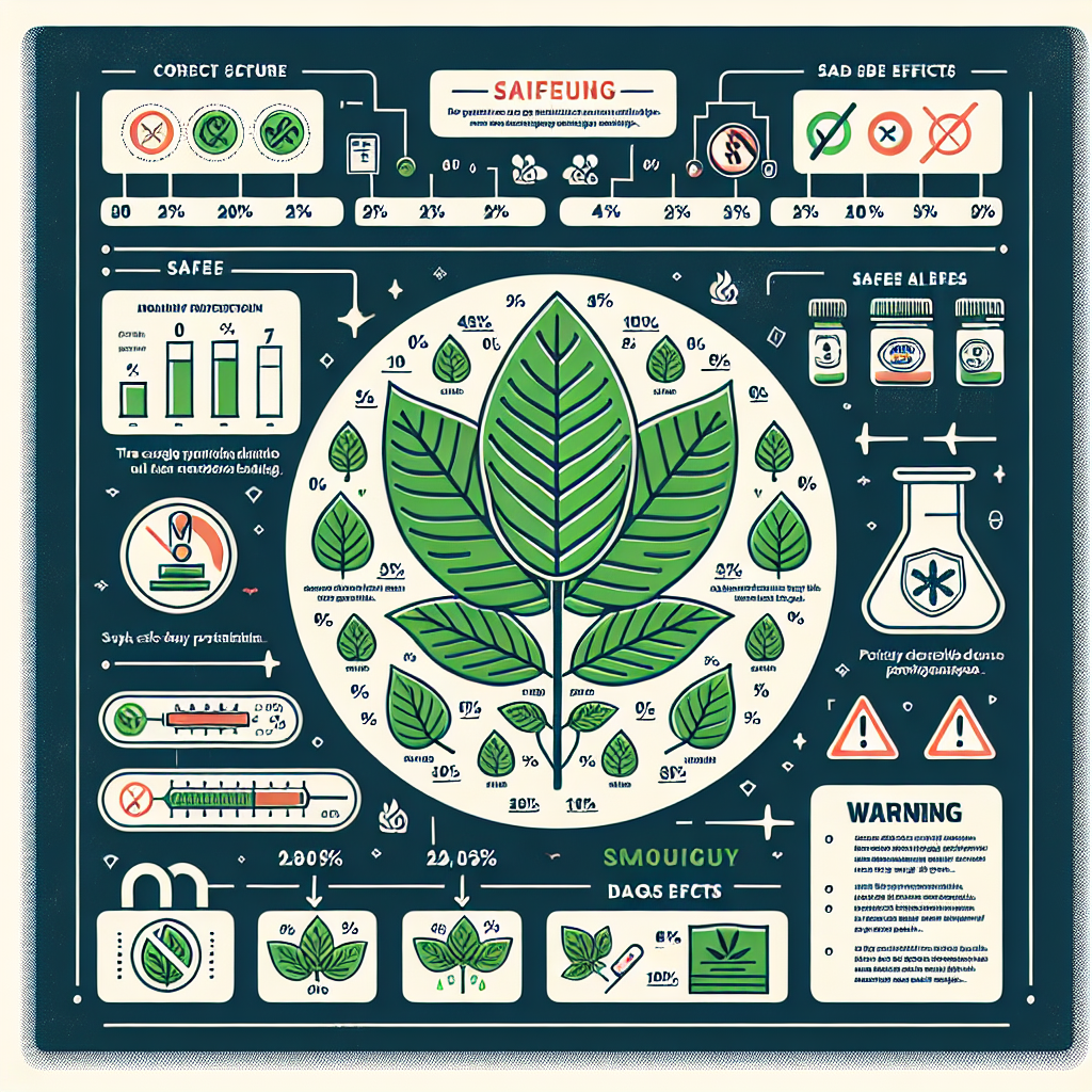 A detailed and informative infographic illustrating safe and secure practices when using Kratom. The image should contain a visual representation of Kratom leaves along with complementing icons and symbols denoting safety precautions and guidelines. Also include percentages and step-by-step instructions, portraying the correct dosage and possible side effects. The background should be simple, to not distract from the signage, and there should be a few cautions or warning signs included, to emphasize the importance of safety in usage.