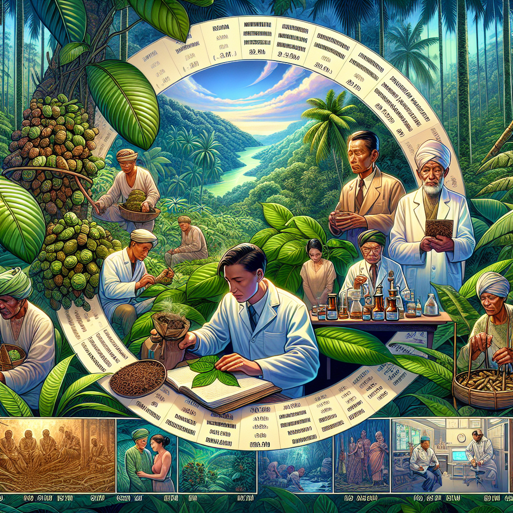 A vivid illustration of the history of Kratom. Begin with a lush, tropical rainforest showcasing the native environment of Kratom, include a Middle-Eastern man carefully harvesting the leaves in the foreground. Transition into a historical scene showing South Asian individuals using the leaves for medicinal purposes, perhaps in a traditional healing session. Then, finally end by depicting the modern usage in a clinical setting demonstrating Caucasians using it for holistic health practices. Include a backdrop of key dates related to important events in the history of Kratom. Remember to convey a timeline flow throughout the entire imagery.