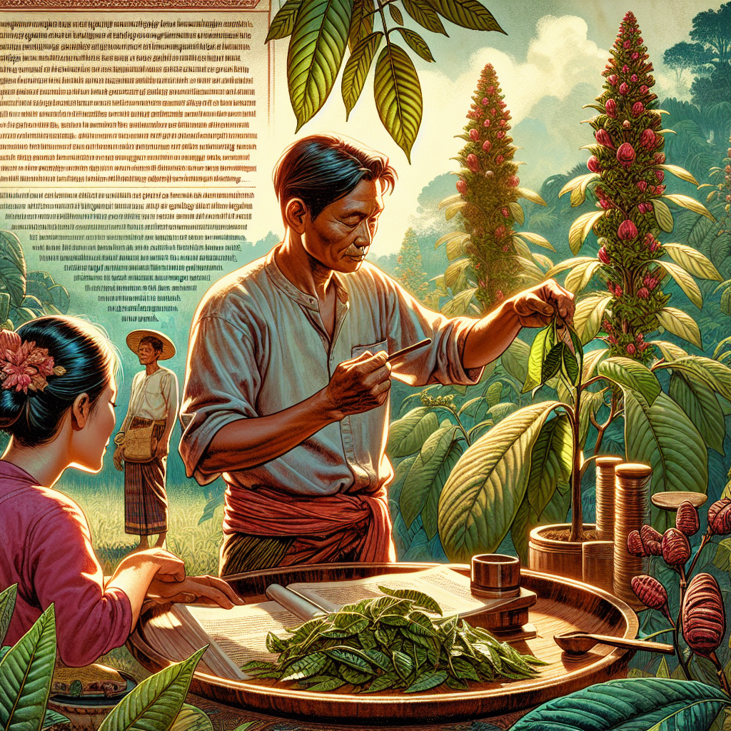 A detailed, informative scene depicting the cultural use of Kratom. The image foreground showcases an Asian man carefully measuring and preparing kratom leaves into a traditional beverage. In the background, a South Asian woman is seen carefully examining kratom plants in an outdoor setting, suggesting cultivation or farming of kratom. To the side, text describing the history and relevance of Kratom in native cultures is visible in an attractive, readable design. The colors are rich and welcoming, invoking the warm heart of natural botanical environments.