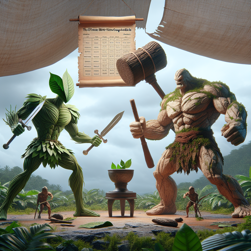 Visualize a literalized battle scene between the two natural substances, Kratom and Kava, positioned as animated, anthropomorphized warriors. Kratom warrior, a green-tinted muscular entity with a leaf-like armor, wields two swords made from its own stems. Kava warrior is a beige-toned muscular figure dressed in gritty, bark-like armor, swinging a hefty mallet carved from its own roots. They face off in an epic battlefield set in an environment reflecting their natural habitats - a mix of tropical forest and Pacific island setting. Floating in the background is a parchment inscribed with 'The Ultimate Must-Have Comparison Guide'. This scene symbolizes the comparison of Kratom and Kava.