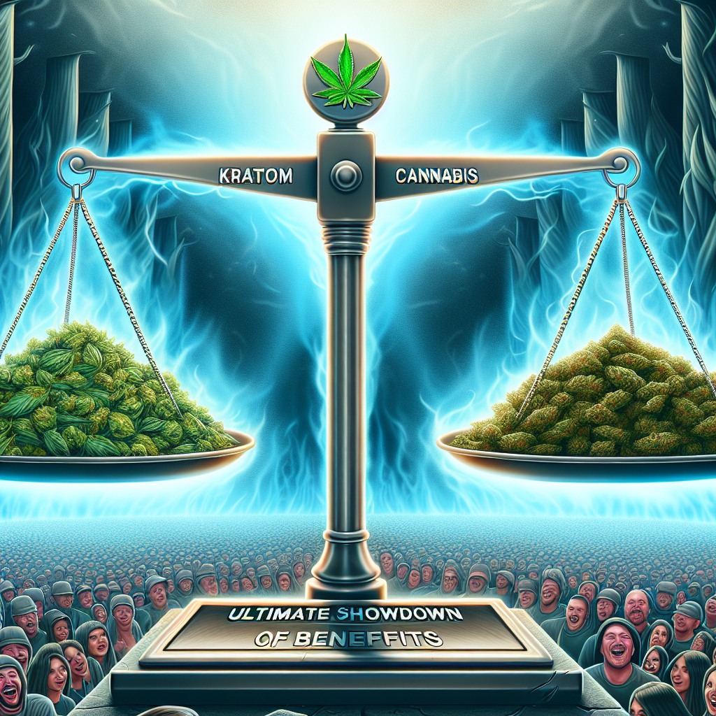 A surreal illustration showing a balance scale. On one side, there is a silver tray filled with bright green kratom leaves along with the word 'Kratom' hovering above it. On the other side, a similarly silver tray filled with cannabis leaves with the word 'Cannabis' hovering above. The scale is perfectly balanced indicating an equal position. The background of the image shows a mammoth crowd, cheering and excited as they watch this comparison. The words 'Ultimate Showdown of Benefits' are written in bold letters across the top of the illustration.