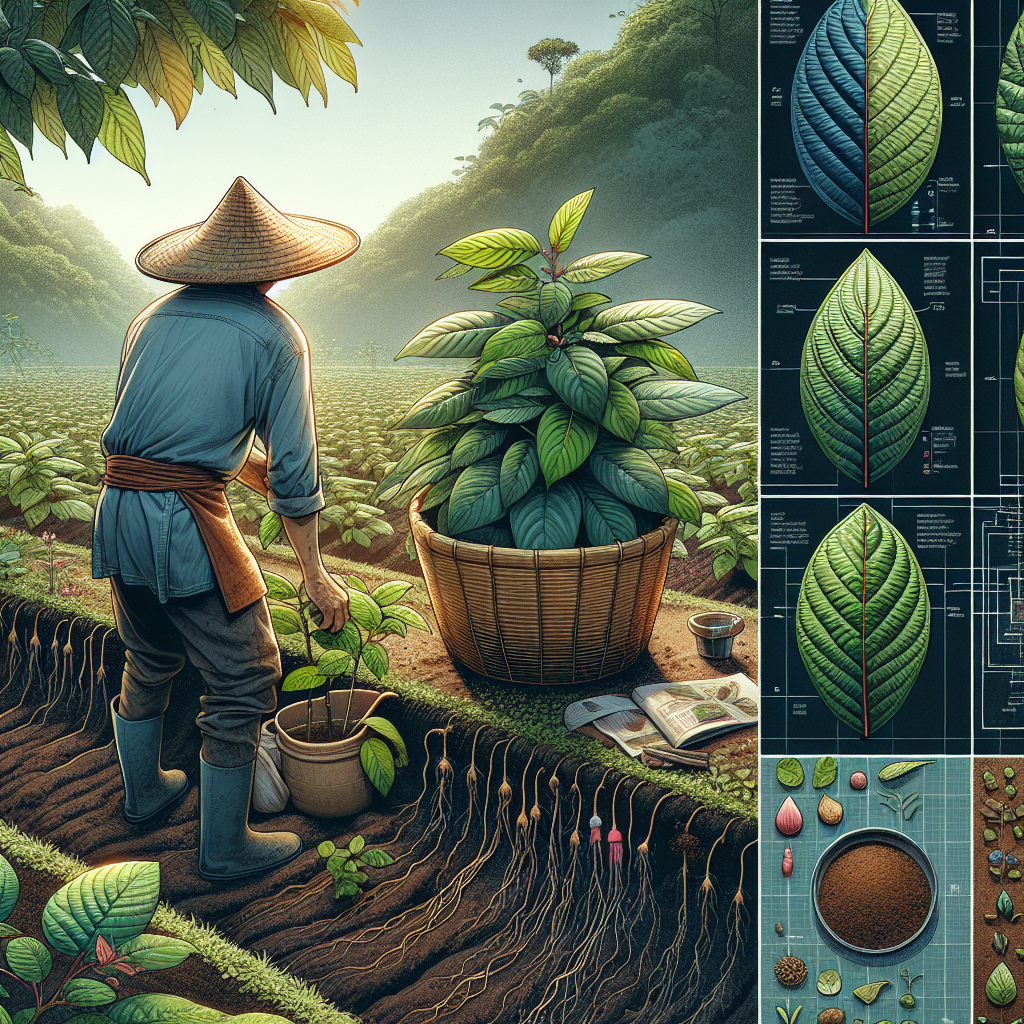 A detailed image of a kratom farm, showcasing tilled soil ready for planting and a basket full of fresh kratom leaves. There's a close view of the leaves' unique texture and color details. Also, an Asian farmer with a straw hat, dressed in simple work clothes, is seen carefully tending to the plants. Around the scene, there are visible signs of a successful growth environment such as a humidity control system and a proper sunlight exposure area.