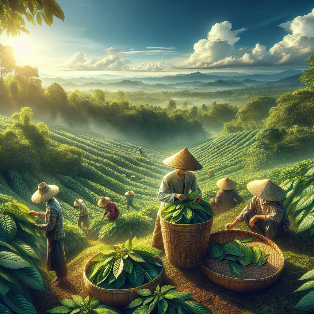 A serene image showcasing a sunny day in a lush and verdant Kratom plantation. A group of diligent farmers, a mix of South Asian men and women in traditional attire and hats, are selectively picking the mature Kratom leaves. Close by, there's a wooden basket filled with only the ripest and healthiest leaves. In the distance, you can see the rolling landscape of the plantation stretching out towards the horizon, under a bright blue sky with wisps of white clouds. This is the zenith of high-quality Kratom harvesting, embodying vital tips for the best quality yield.