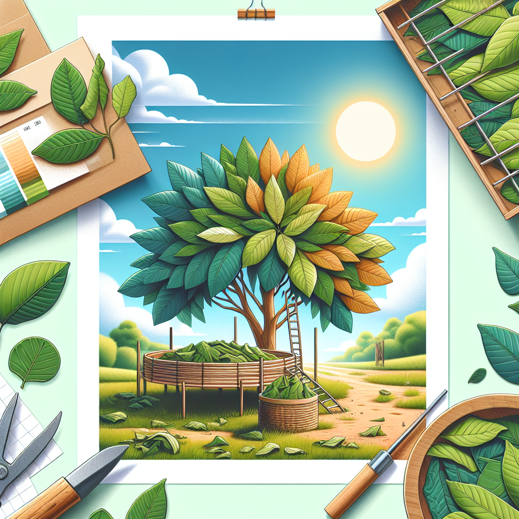 Produce an illustrative image that speaks about the process of drying Kratom leaves. In this scene, consider creating an outdoor setting with a bright sun in the sky, symbolizing a hot, dry climate suitable for drying. A tree with large, green Kratom leaves should be prominent. Also, you could depict a handful of leaves spread out on a drying rack, demonstrating one of the methods for drying. Keep the colours realistic and clear. Though people aren’t directly involved, consider placing garden tools nearby, suggesting human intervention in the process.