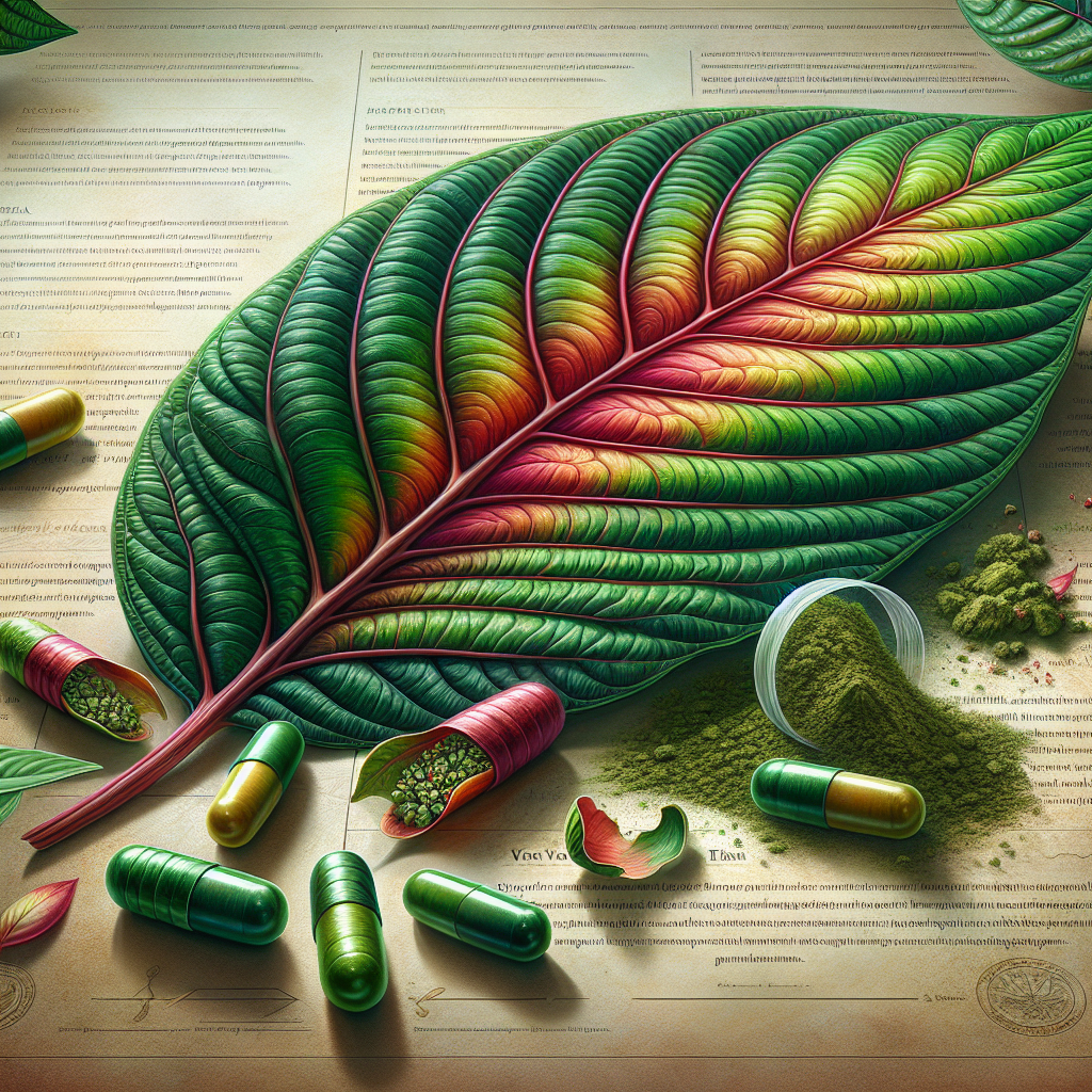 An enchanting botanical illustration of a kratom leaf, in high detail. The leaf is shown in a vibrant green, with its veins standing out prominently in different shades of red, green, and white. These veins are highlighted to showcase the three main vein colors of the kratom leaf. Strewn around the leaf are capsules, open to reveal powdered kratom inside. The emphasis is on the vein colors, and their relation to the benefits attributed to them. The scene is set against an informational backdrop, with text describing the benefits of kratom. All elements are rendered in a realistic style.