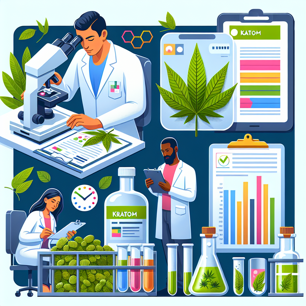 A comprehensive illustration about Kratom lab testing in detail. Show a safe, well-organized lab environment where a diverse group of lab technicians are testing kratom leaves for quality. On the left, include a Caucasian woman carefully analyzing a kratom leaf under a lab microscope. In the center, depict a Hispanic man thoroughly checking a lab report that includes data charts and graphs about kratom test results. On the right, feature a Black man labeling a test tube filled with a green substance, presumably kratom extract. Multicolor bar charts and other scientific data should be displayed on the devices' screens.