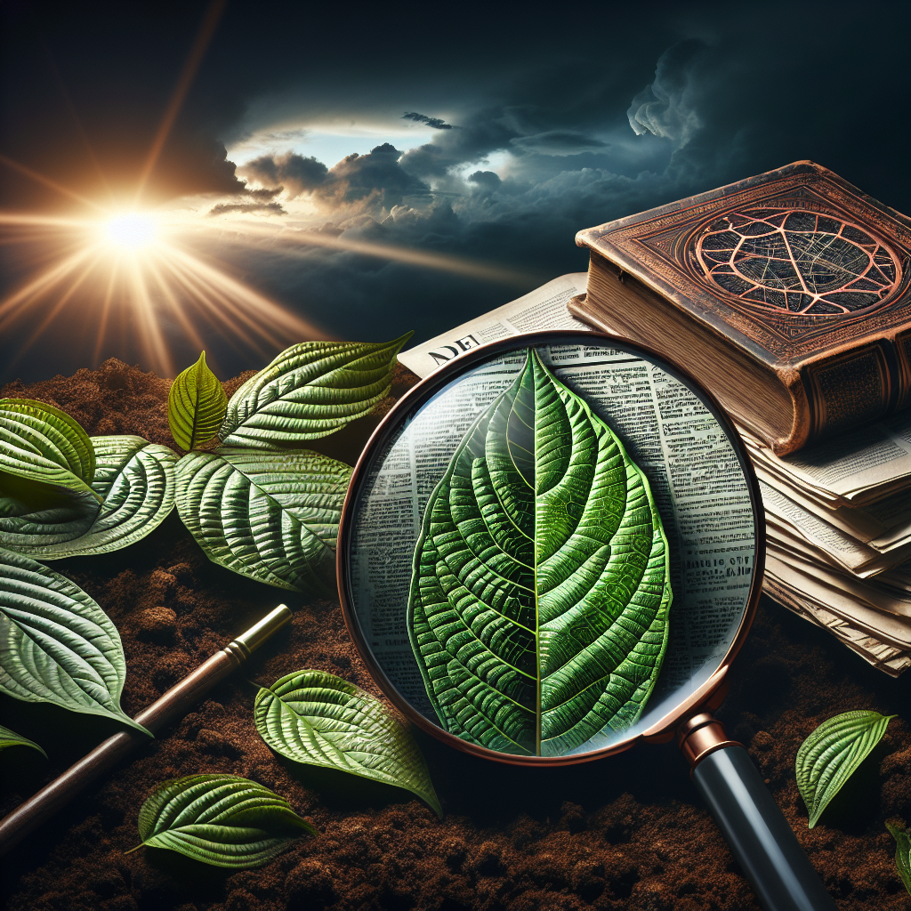 A close-up image of dark green kratom leaves, glossy and textured, on a rich soil background, illuminated by a gentle sunlight. A magnifying glass reveals detailed cellular structure of a leaf, symbolizing scrutiny and research. Alongside, a stack of newspapers with headlines about kratom on a wooden table, indicating recent news and developments. An open, ancient-looking tome represents wisdom, knowledge, and positive change. Distant light breaking through a dramatic, cloudy sky signifies hope and new dawn. The scene carries an overall sense of progression, optimism and breakthrough in the realm of natural remedies.