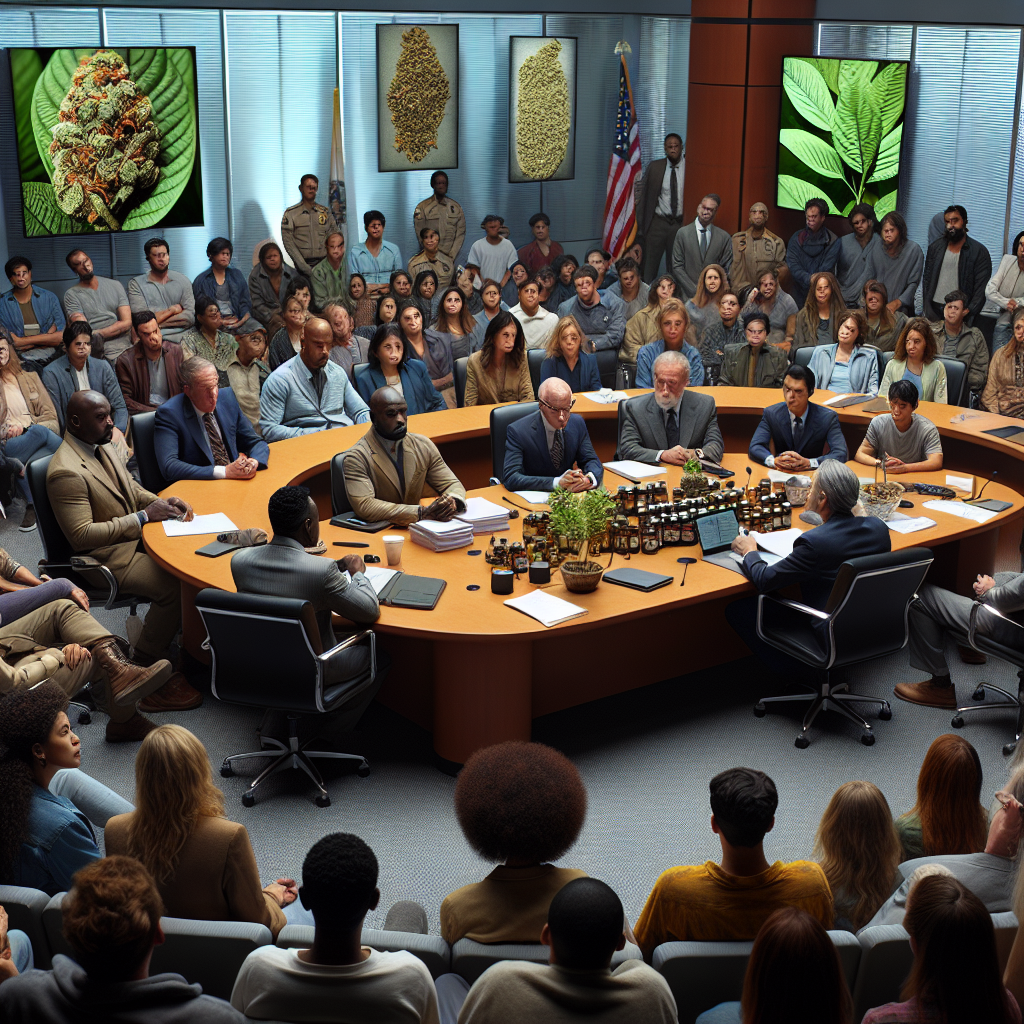 A scene taking place within a professional government building. A diverse group of people, including Caucasian women, Black men, South Asian individuals and others, are present in a large meeting room. They are involved in a serious discussion, with papers, legal documents, and microphones scattered across a large table. On a large projector screen in the room, there are images of Kratom leaves and various related scientific research data. In the foreground, concerned users, a mix of young and old, are observing and taking notes. Many expressions can be observed across the room, showing the intensity of the situation.