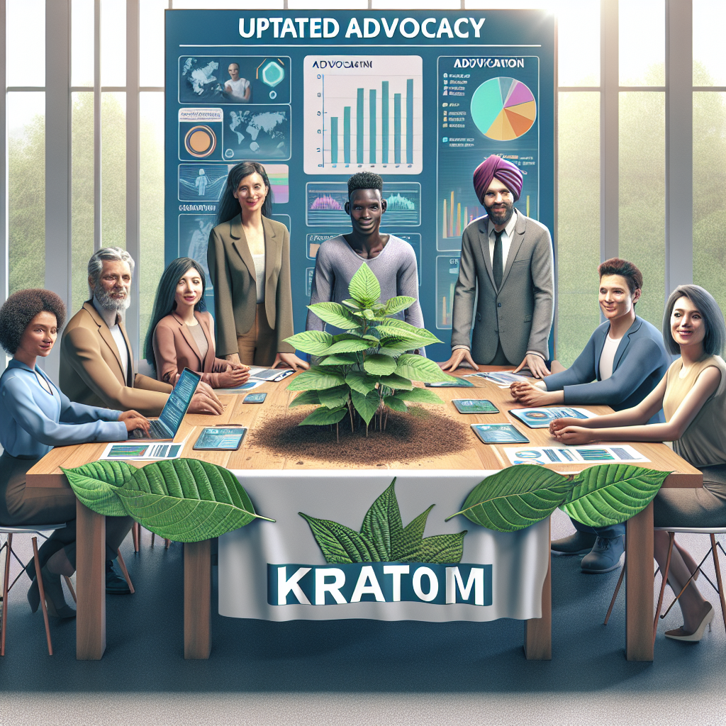 An image illustrating the updated advocacy for Kratom. Display a diverse group of people: a Caucasian woman, a Black man, a Hispanic woman, and an Middle-Eastern man, all of different ages and attire, gathered around a table. On the table, prominently feature a plant labeled 'Kratom', informative leaflets and digital devices indicating data charts, communicating the progression of advocacy work. The setting is a bright, modern conference room. The mood should be positive and engaging, denoting active involvement and determination.