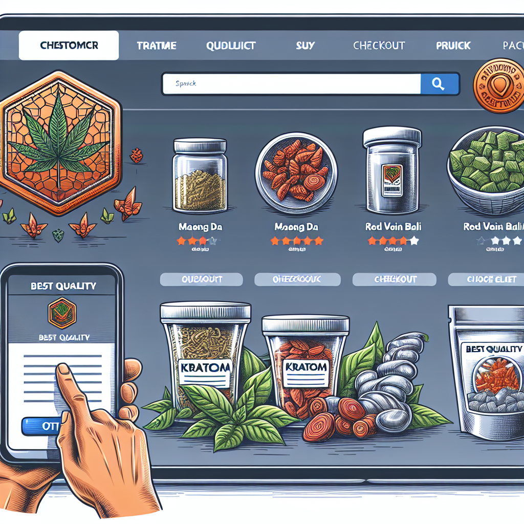 Illustrate a variety of elements related to online kratom shopping. Picture a sleek, user-friendly website with crystal clear images of high-quality kratom products. The layout should be intuitive, with clearly outlined sections for different types of kratom, like Maeng Da and Red Vein Bali. Include an easily accessible customer feedback section and a safe, secure checkout icon. Nearby, show a close-up view of top-selling kratom items as the choice products for discerning customers. Round off the image with a subtly positioned 'Best Quality' badge on the corner, all offering a glimpse into the world of buying quality kratom online.