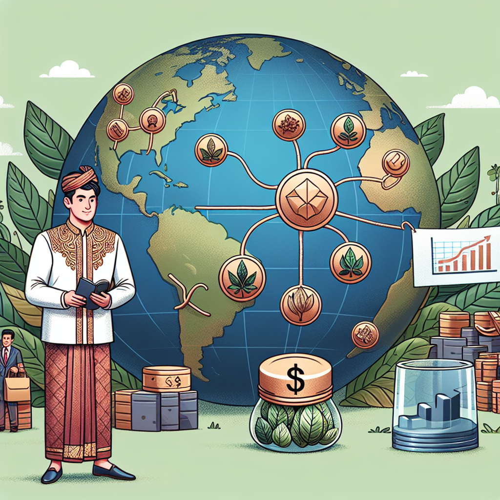 An illustrated conceptual representation of global kratom sales. The scene shows a South Asian male entrepreneur in traditional attire, standing next to a globe with various roots spreading across it, indicating the worldwide sale territories. He is checking a list captioned 'tips for success', which features symbols like a handshake for relationship building, a coin for financial management and a bar graph for market analysis. In the background, kratom leaves inside little transparent globes are being loaded onto a ship, hinting at international trade.