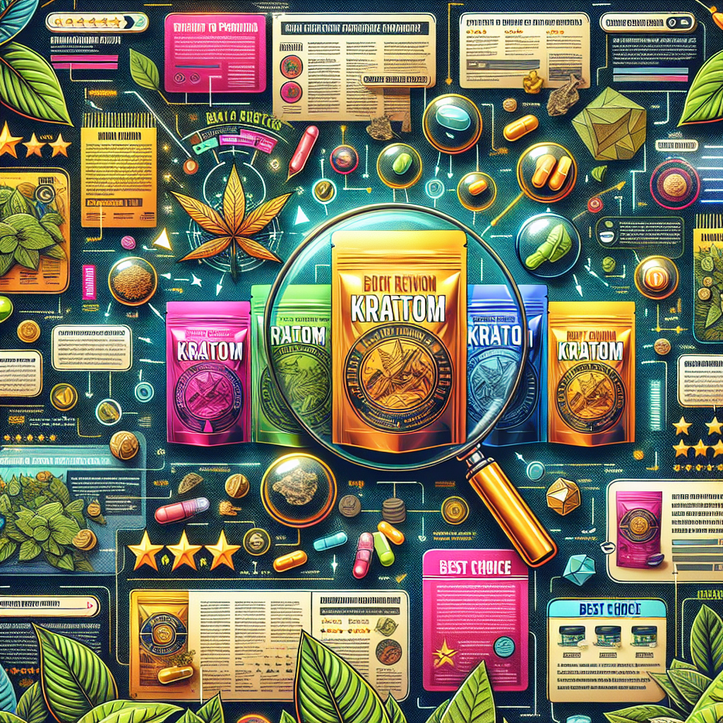 Envision an informative collage presenting an array of Kratom products. It showcases a variety of packets labeled with different strains, originating from various regions like Thailand, Indonesia, and Malaysia. The collage includes close-up images of the Kratom leaves, capsules, and powders. Graphical elements like a magnifying glass and arrows pointing to key features of the products underline their distinctive qualities. Brightly colored star ratings, insightful quotes, and 'best choice' ribbons are scattered throughout. On an overlay layer, brief texts shed light on each product's strengths, helping to guide consumers toward the best choices.
