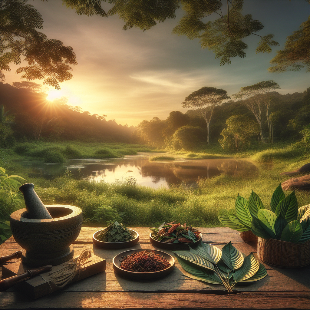 Visualize an aesthetically pleasing image of a calm, serene environment. The setting sun is casting soft golden light over a verdant landscape. There is a tranquil pond nearby. On a rustic wooden table near the pond, you see several types of Kratom leaves in shades of green and red. They are neatly arranged and labeled, displaying their variety. A set of traditional mortars and pestles are present as well, indicating the blending process. The atmosphere conveys the idea of tranquility, relaxation, and the therapeutic potential of Kratom blends.