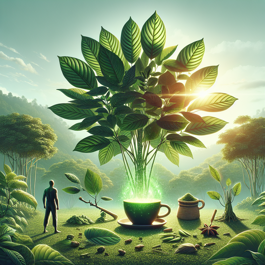 Visualize a composition showcasing premium Kratom strains. Center the scene around a cluster of mature Kratom trees flourishing under sunlight. The leaves should be lush, and varying shades of green, representative of different strains' potency. Near the tree, illustrate a cup filled with a glowing, energizing drink made from the Kratom leaves. Scatter a few dried Kratom leaves around the cup, implying its origin. For context, show a person, a South Asian male, emanating vitality and positivity post consumption of the drink. The background should encompass a serene landscape, indicative of the natural habitat of Kratom.