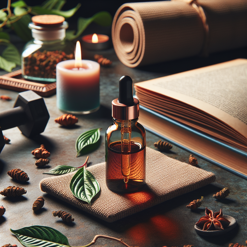 A visually striking scene revolving around the topic of wellness and natural remedies. In the center, a beautifully crafted, glass dropper bottle containing an amber-hued liquid referred to as 'liquid Kratom'. Highlight its clarity and the rich color of the liquid. Sprinkle the area around the bottle with Kratom leaves to emphasize its natural origin. In the background, symbols of wellness: an open book on healthy living, a calming candle, a neatly rolled yoga mat, and perhaps a set of dumbbells for physical wellness. The mood should be calm, serene and evoke a sense of enhanced wellbeing.