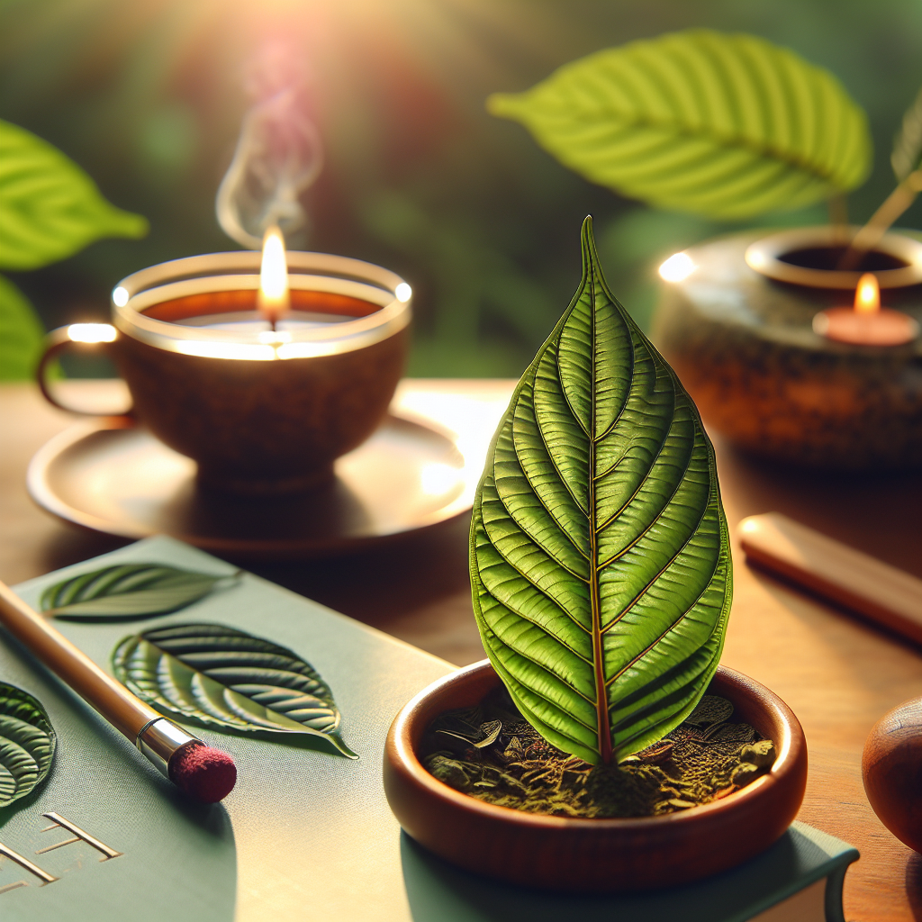 A serene wellness setting with a close-up view of the Kratom plain leaf, renowned for its therapeutic benefits. The leaf is fresh and green, exuding an aura of vitality. There's a tea cup in the background, showcasing the holistic process of brewing Kratom tea, a common method of consumption. A book on wellness and a lighted incense stick create the ambient mood for holistic health and self-care. The scene is radiant with natural lighting to emphasize the organic and natural aspect of Kratom.