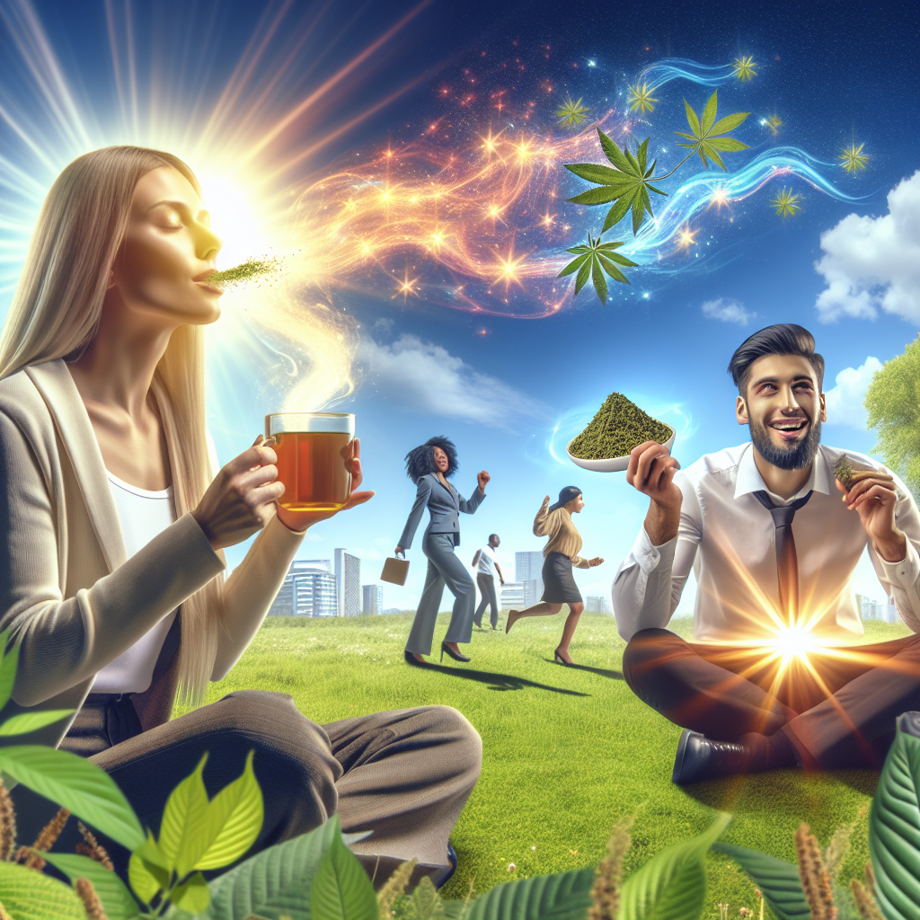 A conceptual vision of a group of diverse individuals. Include a Caucasian woman sipping a cup of freshly-brewed kratom tea, emitting a bright, energy-like aura, and a Middle-Eastern man enjoying a handful of kratom leaves with invigorating sparkles around him indicating high energy. Both individuals should be outdoors on a bright sunny day with a clear blue sky. The ground should be covered with lush, green grass, and kratom trees should be visible in the background. Place a bold, eye-catching text in the sky saying 'Enhanced Kratom: The Ultimate Game-Changer for Energy'.