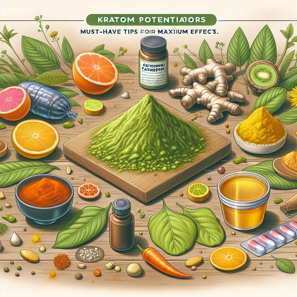 Illustration of various natural Kratom potentiators arranged on a wooden table. In the center, show a pile of green Kratom powder. Surround the Kratom with various potentiators - citrus fruits, turmeric, cayenne pepper, chamomile tea bags and magnesium supplements. The scene should give the impression of a cautionary, informative guide about combining these substances for maximum effects. Please give this image an educational, botanical feel. Include text that reads: 'Kratom Potentiators: Must-Have Tips for Maximum Effects.'