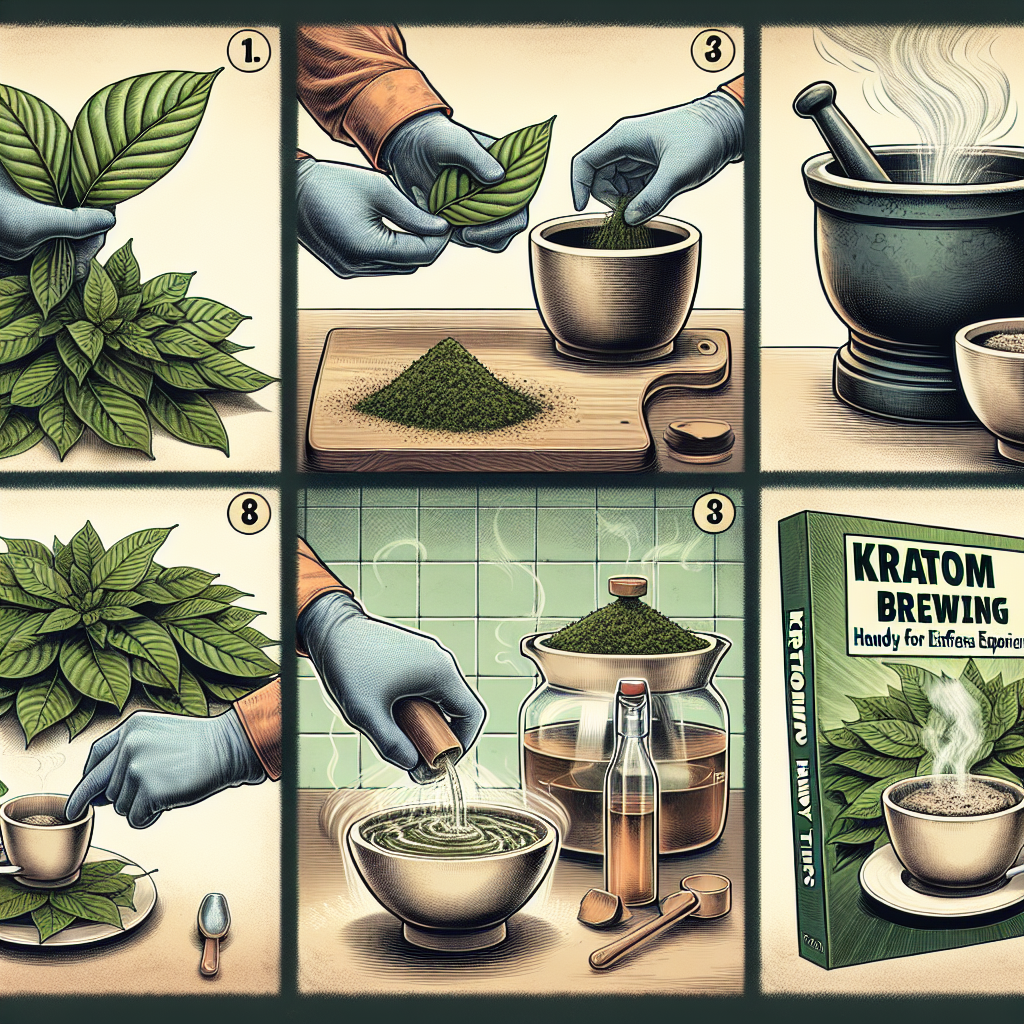 A detailed image illustrating a step by step guide to brewing Kratom. The image should display different stages of the process, from leaf selection to the final brewed beverage. One segment shows a pair of gloved hands carefully selecting quality, green kratom leaves. Another shows a mortar and pestle grinding the leaves into a fine powder. Next is a image of a teapot, water being boiled in it, and the kratom powder being carefully added. The last segment portrays a steaming cup of freshly brewed kratom tea, situated next to a guidebook titled 'Kratom Brewing - Handy Tips for Effortless Experience'.