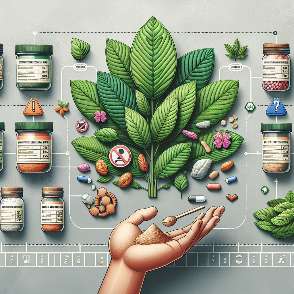 Imagine a detailed and informative visual guide for safe Kratom use. Image depicting a variety of Kratom leaves - a rich green Mitragyna speciosa tree, its leaves prominently displayed. Nearby, a cautious hand measures out a precise quantity with a little scoop. Besides, clearly labeled jars are filled with different strains of Kratom powder. Around the scene, small, simple, colorful infographic elements illustrate key safety tips: responsible dosage chart, warnings against mixing with certain substances, and reminders to hydrate. The setting should convey a serious yet calm ambiance, highlighting the importance of responsible usage.