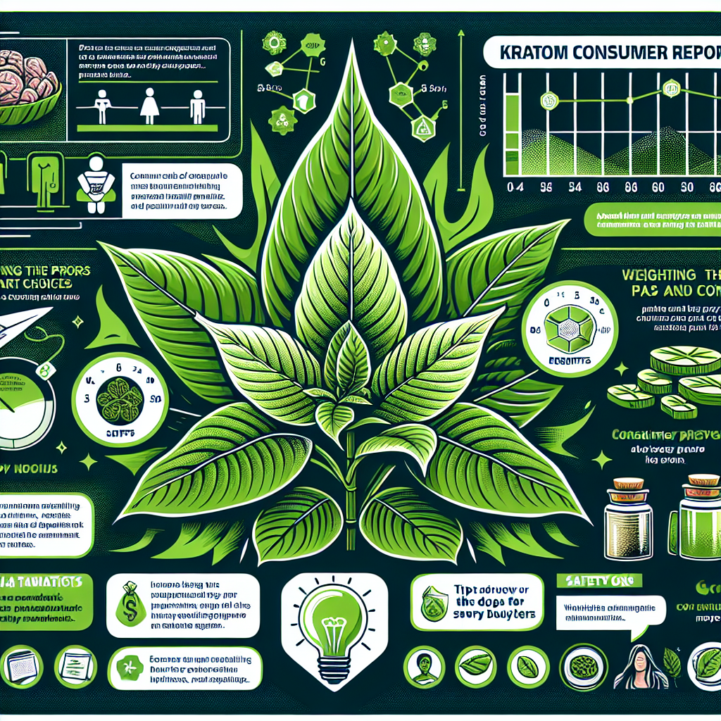 A vivid, digital infographic providing insightful information about Kratom. In the center, an illustrative of Green Kratom leaves with intricate detailing. Beside it, a statistic chart showing consumer preferences, usage trends, and benefits of Kratom. The text 'Kratom Consumer Reports: Must-Have Insights for Smart Choices' is prominently displayed at the top of the image, while individual sections of the infographic provide brief overviews of different varieties of Kratom, dosing guidelines, safety notes, and purchasing advice. An icon of a light bulb represents 'tips for savvy buyers', and an icon of a scale signifies 'weighing the pros and cons'. The overall design is professional and concise, utilizing a color palette of greens, whites and grays.